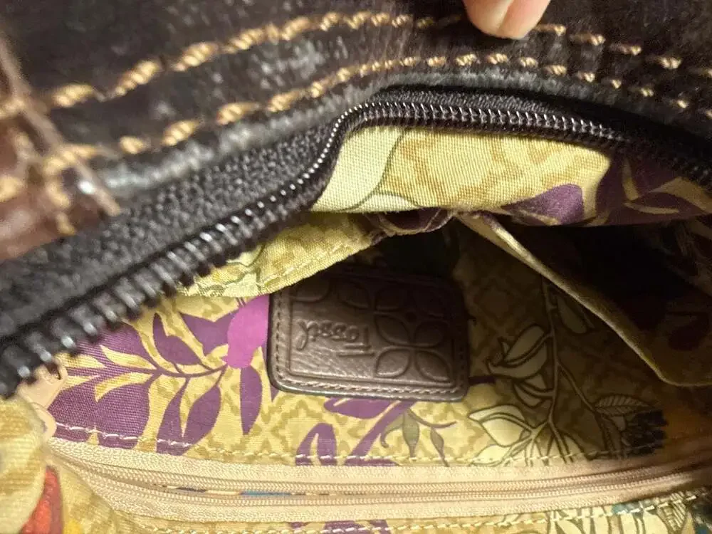 Fossil Brown Canvas and Corduroy Crossbody Bag with Floral Lining - Picture 4 of 5